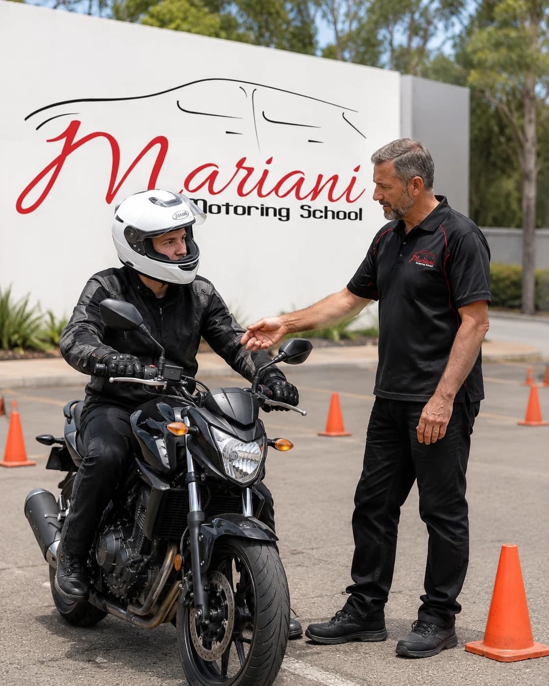 A Mariani instructor guiding a helmeted learner rider on the training motorcycle in front of the Mariani Motoring School sign