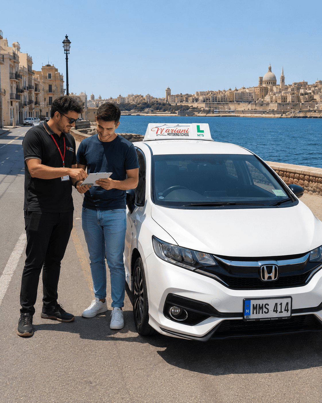 A Mariani instructor reviewing a lesson with a learner beside a white Honda training car in Malta
